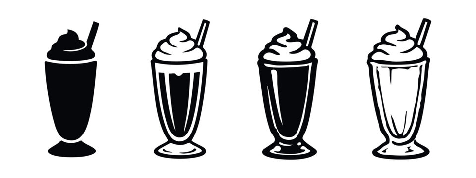 Tall milkshake glass icon set. Sweet dairy drink with whipped cream and straw in various black and white vector styles.