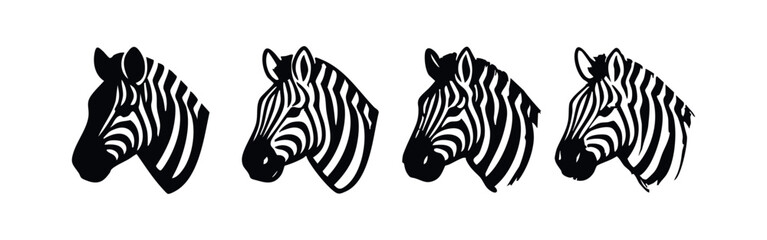 Fototapeta premium Zebra head icons set in various black and white styles, showcasing stripes and different artistic renditions.