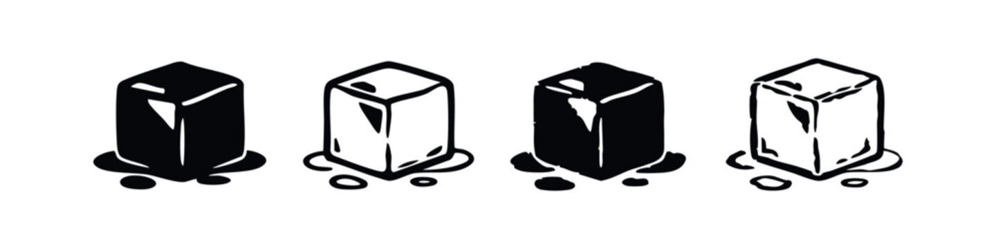 Melting ice cube icon set (tall). Cold frozen water block simple flat and line art vector illustration.