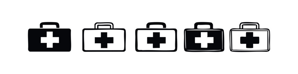 Obraz premium First Aid Kit Icons Set, Medical Emergency Bag with Cross Symbol Doodle Illustrations