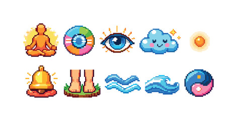 Fototapeta premium Wellness and meditation icon set. pixel art style for relaxation and mindfulness