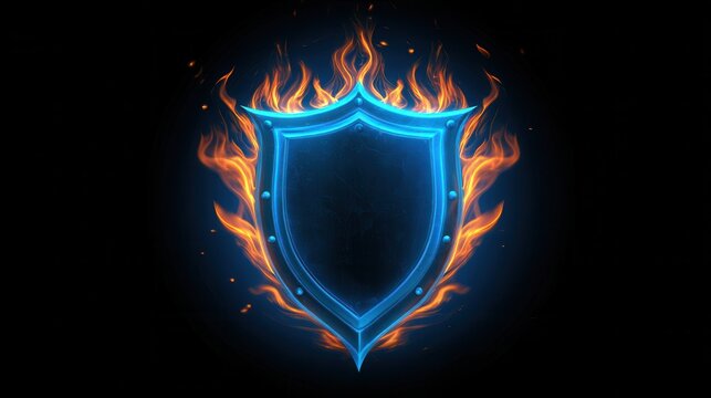 Vibrant photo of Metallic blue shield surrounded by orange and yellow fire flames on black background