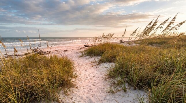 Winding sandy beach path through tall dune grass at golden hour with ocean waves and cloudy sky backdrop
