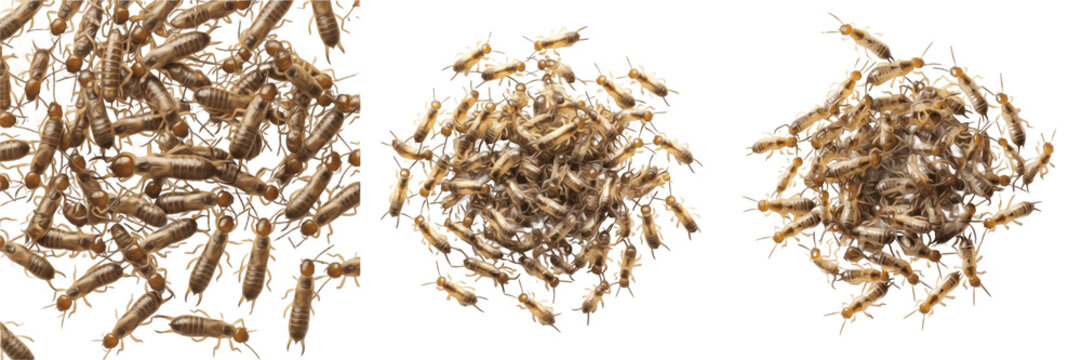 Swarm of earwig nymphs Forficula isolated on white background, small pincered insects, juvenile earwigs cluster macro, flying and crawling earwig swarm, Dermaptera insect photography