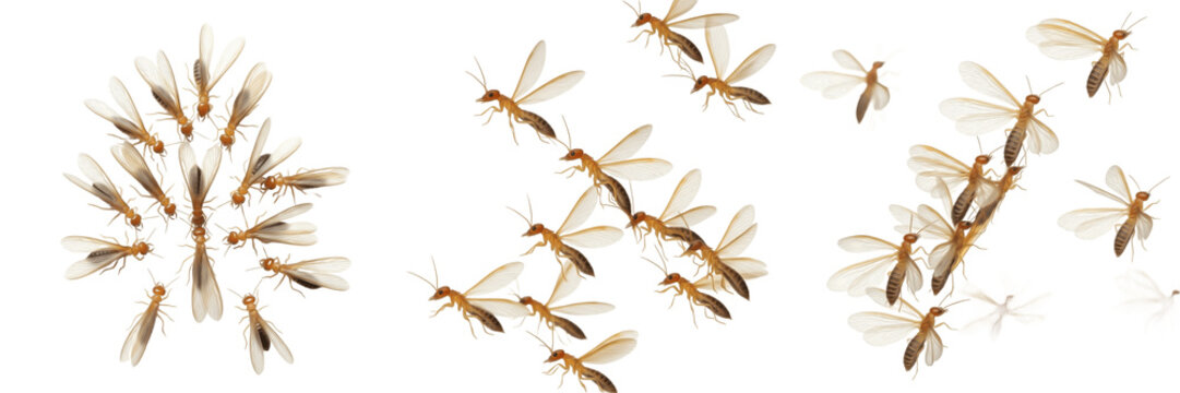 Swarm of winged termites Isoptera isolated on white background, mating swarm, reproductive termites cluster macro, flying termite swarm, pest insect photography, wood-infesting insects