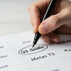 A hand writing down Q3 goals in a planner with a pen