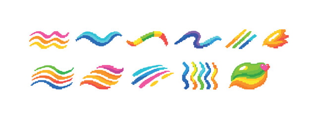 Abstract, colorful flat icon set. waves, art, graphic elements, bright collection.