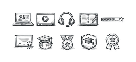 Education, e-learning doodle icon set. online learning, school doodle icons collection