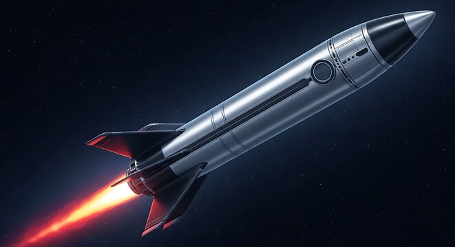Modern shiny silver rocket flying in dark outer space with red flame exhaust, concept of space exploration and interstellar travel