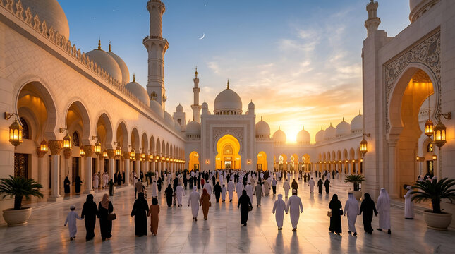 Sheikh Zayed Grand Mosque in Abu Dhabi at sunset. The Sheikh Zayed Grand Mosque in Abu Dhabi, United Arab Emirates, at sunset with people walking around