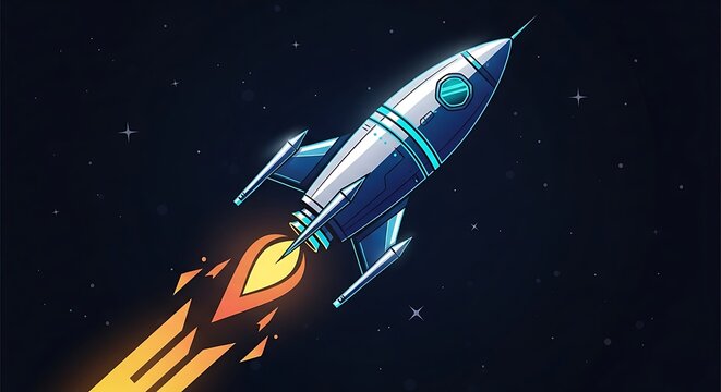 Sleek silver rocket with blue neon accents soaring through dark space with bright orange fiery exhaust, representing progress
