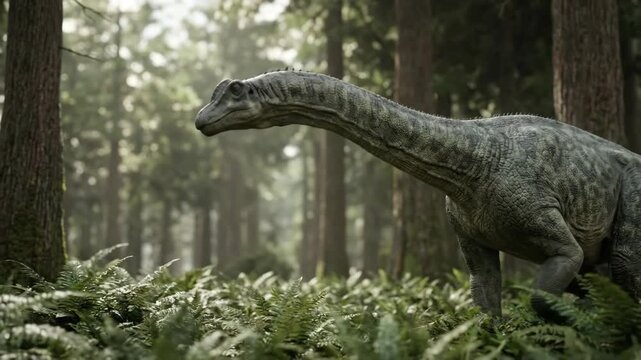Sauropod Dinosaur Walking and Grazing in Prehistoric Forest 3D Render