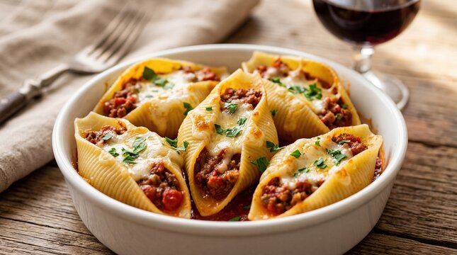 Delicious stuffed pasta shells with melted cheese, served with a glass of red wine