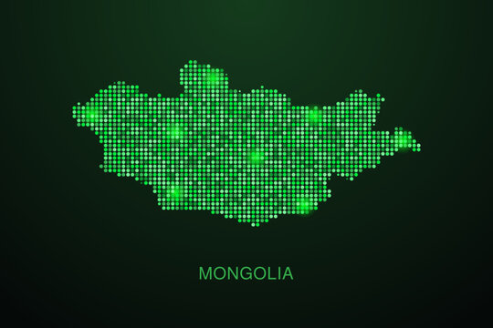 Mongolia Map - Digital dotted map with glowing green points on dark background, modern technology style, abstract data network design, clean minimal geometric vector illustration.