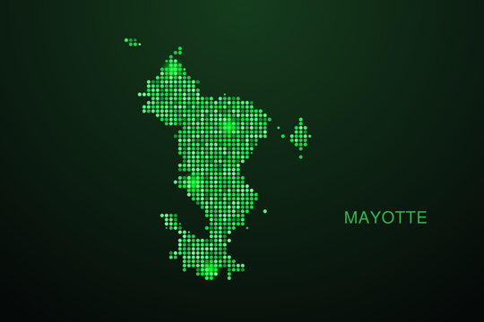 Mayotte Map - Digital dotted map with glowing green points on dark background, modern technology style, abstract data network design, clean minimal geometric vector illustration.