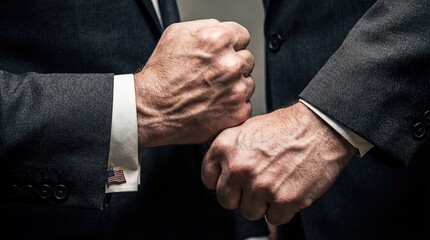 Obraz premium Close-up of two people fist bumping in formal attire, conveying a sense of agreement and collaboration. They are likely in the business context, possibly sealing a deal or agreement