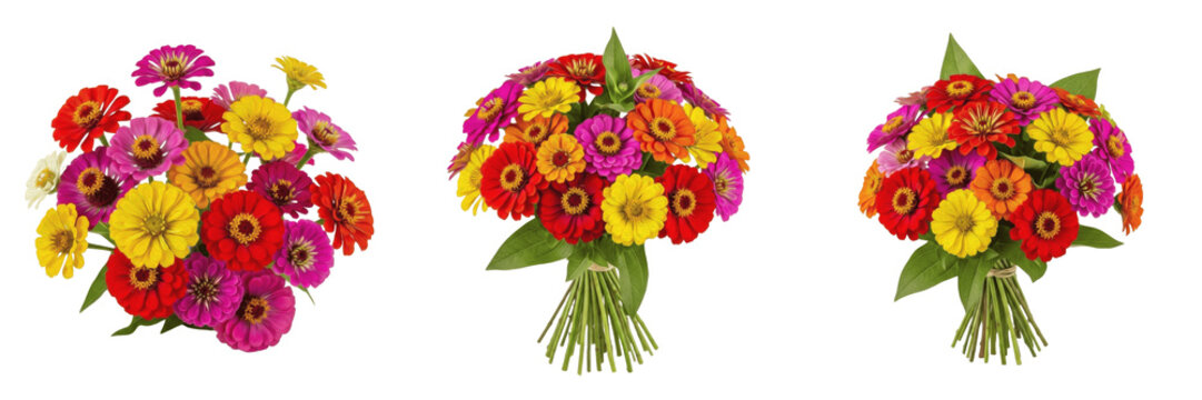 Zinnia bouquet isolated on white background, Zinnia elegans, colorful zinnias, red zinnia, orange zinnia, cut flower bouquet, florist arrangement, summer floral bouquet, floral photography