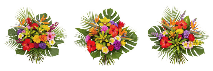 Tropical flower bouquet isolated on white background, Heliconia, Bird of Paradise, Hibiscus, exotic flower bouquet, cut flower bouquet, florist arrangement, summer tropical bouquet, floral photography © Leaf