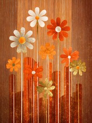 The design features retro daisies in warm colors and metallic gold, highlighting a 70s-modern fusion style with plenty of empty space.