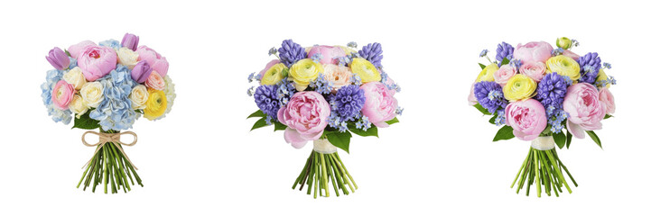 Obraz premium Pastel spring flowers bouquet isolated on white background, tulips, peonies, ranunculus, soft pink and lavender flowers, seasonal spring bouquet, cut flower arrangement, florist photography