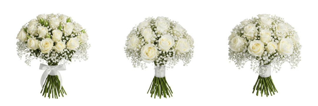 White roses and baby&rsquo;s breath bouquet isolated on white background, Rosa spp, Gypsophila paniculata, bridal bouquet, wedding floral arrangement, cut flower bouquet, florist photography