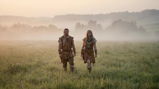 Viking Couple Walking in Foggy Meadow at Sunrise