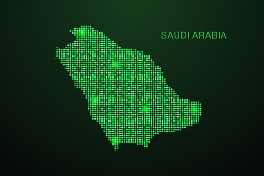 Saudi Arabia Map - Digital dotted map with glowing green points on dark background, modern technology style, abstract data network design, clean minimal geometric vector illustration.
