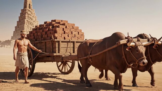 Ancient Man Transporting Bricks with Oxen Cart in Desert Near Ziggurat