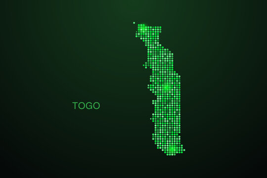 Togo Map - Digital dotted map with glowing green points on dark background, modern technology style, abstract data network design, clean minimal geometric vector illustration.