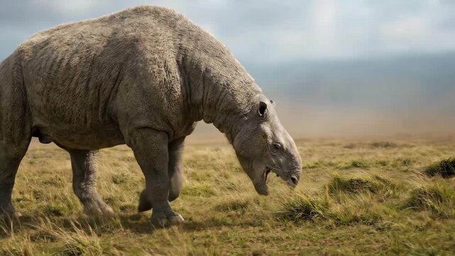 Paraceratherium walking in grassy steppe prehistoric landscape