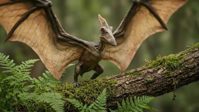 Pterodactyl Perched on Mossy Branch in Prehistoric Forest 3D Render
