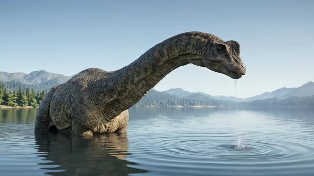 Brachiosaurus Dinosaur Drinking Water in Prehistoric Lake 3D Render