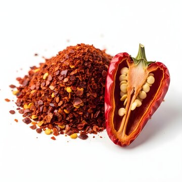 Small mound of Aleppo pepper flakes with one dried pepper sliced open beside it, isolated white background