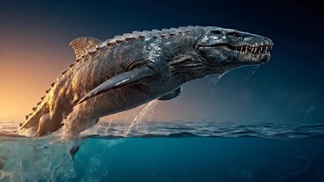 Mosasaurus Jumping Out of Water at Sunset with Split View 3D Render