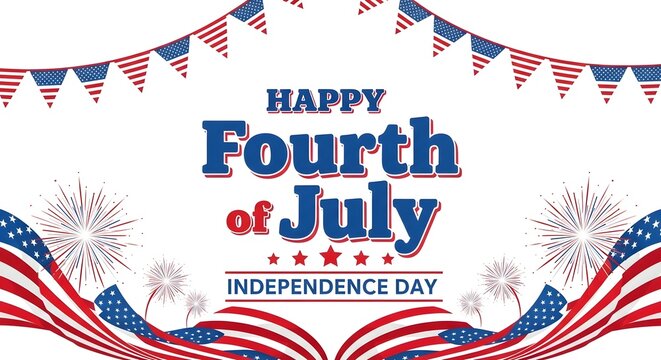 A festive graphic celebrating Independence Day with patriotic decorations and fireworks