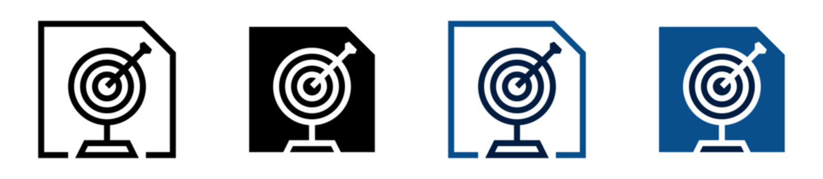 Iconos de objetivo documental. Documento con diana, control de metas, gesti&oacute;n estrat&eacute;gica, seguimiento de objetivos, planificaci&oacute;n empresarial. Ilustraci&oacute;n vectorial