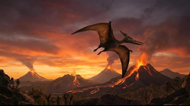 Pterodactyl Flying over Active Volcanoes with Flowing Lava at Sunset 3D Render