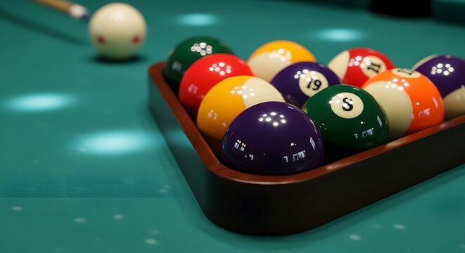 Billiard Balls in Rack on Pool Table Ready for Game