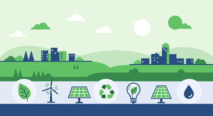 Obraz premium Vector eco-friendly cityscape with sustainability icons