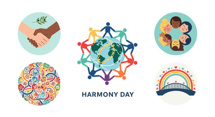 Fototapeta premium Flat lay of Harmony Day illustrations with diverse people, hands shaking, and a globe surrounded by multicolored connections on a white background, conveying cultural diversity and unity.