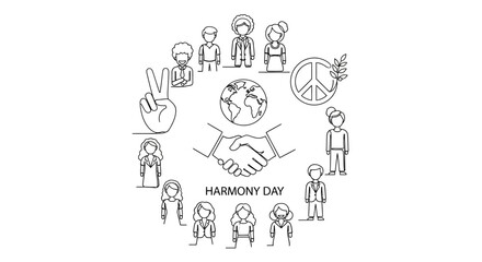 Line drawing of diverse people forming a circle around a handshake and globe, conveying cultural diversity and community harmony on Harmony Day with a peaceful and inclusive theme.