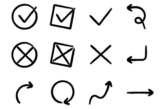 Collection of simple black checkmarks, crosses and curved arrows on white background.