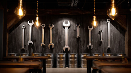 Workshop Wall Decor: Industrial-chic workshop aesthetic featuring a striking arrangement of vintage wrenches adorning a wooden wall, with warm illumination creating a captivating ambiance.