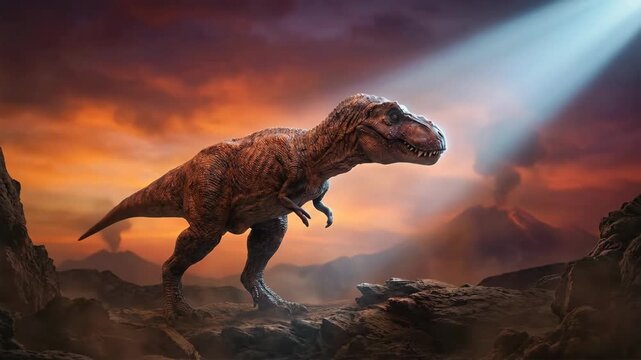 Tyrannosaurus Rex Roaring at Light Beam in Volcanic Landscape 3D Render