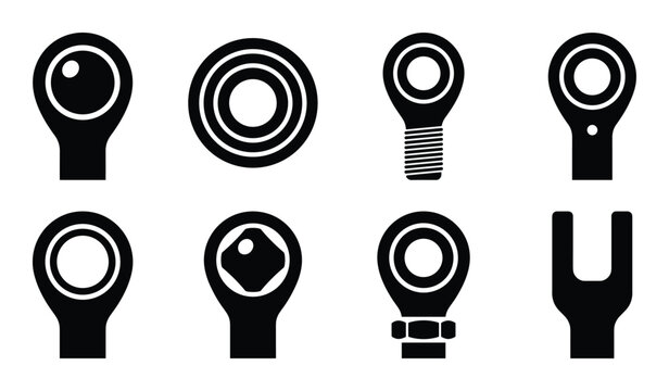 Aerospace rod end bearing icons set, mechanical joint, spherical plain bearing, clevis end, eye end, isolated vector illustration.