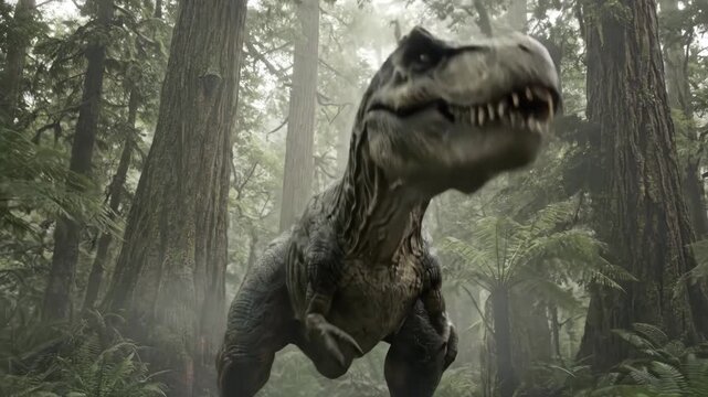 Tyrannosaurus Rex Dinosaur Roaring in Misty Prehistoric Forest