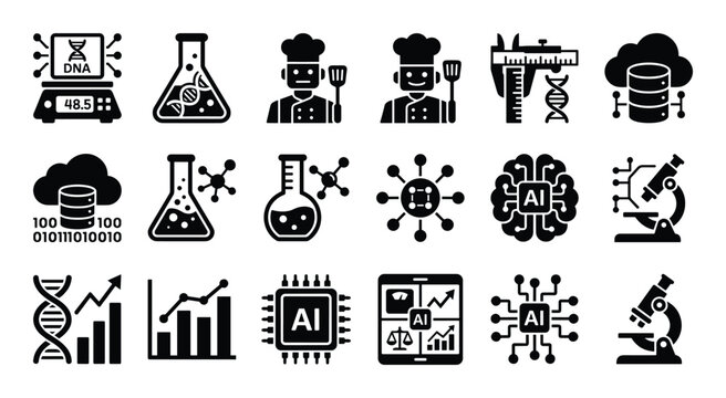 AI kitchen tech icon set, DNA analysis, culinary robotics, and artificial intelligence tools in gastronomy innovations