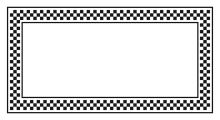 Rectangle frame with checkered black and white print. Rectangular vignette with taxi or police car, race flag or chess board texture isolated on white background. Vector graphic illistration © Andrii