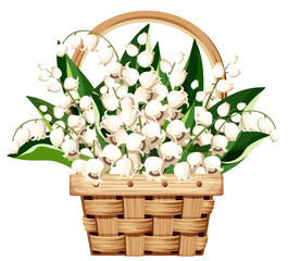 Naklejka premium Lily of the valley flowers in a basket. Woven basket with white lily-of-the-valley isolated on a white background. Spring flowers. Vector illustration