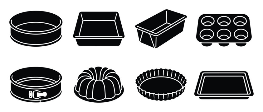 Baking pan mold icons collection. Cake pans, square baking pan, loaf pan, muffin tin, bundt pan, tart pan, baking sheet